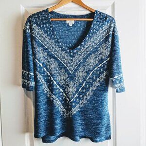 Monsoon Blue White Linen Blend Hi-Low Knit Top